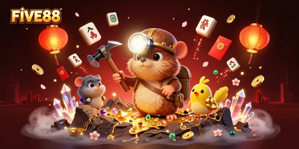 Experience exciting gameplay strategies with FIVE88's vibrant 3D illustration featuring thrilling casino game elements.