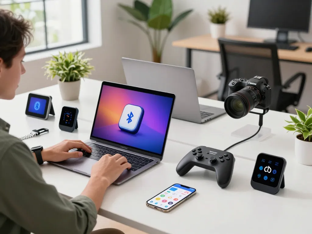 Professional using smart tech gadgets at a modern workspace with Bluetooth devices.