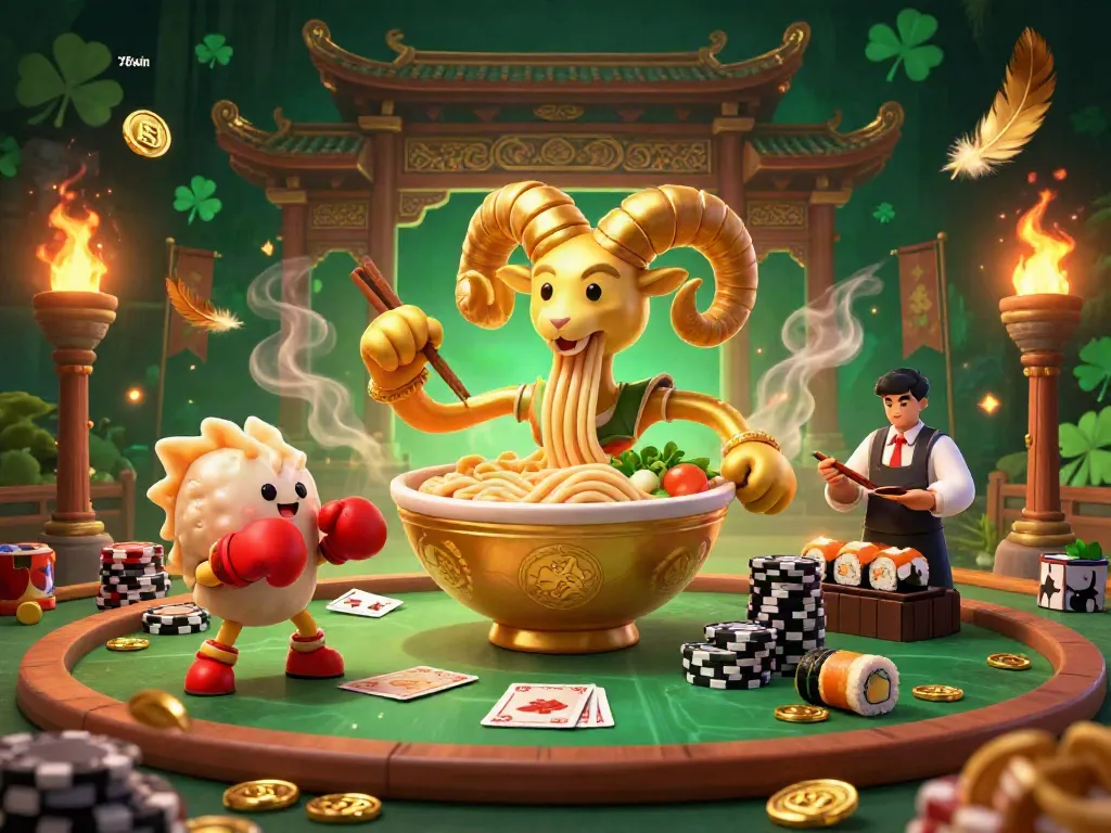 Engage with the 78win casino experience through a vibrant scene featuring a cartoon ramen bowl dealer and dynamic elements.