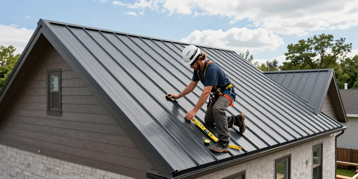 Best metal roofing contractor Ontario team inspecting a home roof with safety gear, showcasing expert installation practices.