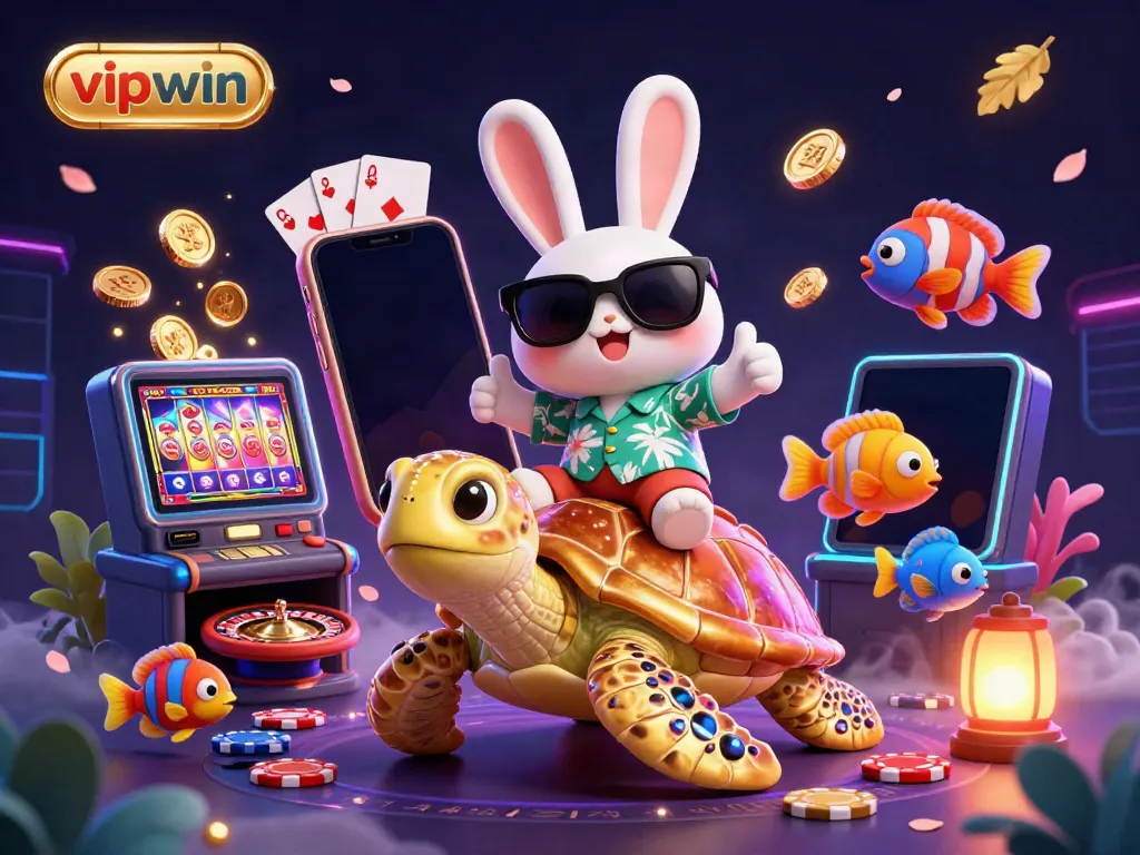 Engage with vipwin's vibrant casino universe featuring a lucky rabbit and golden turtle.