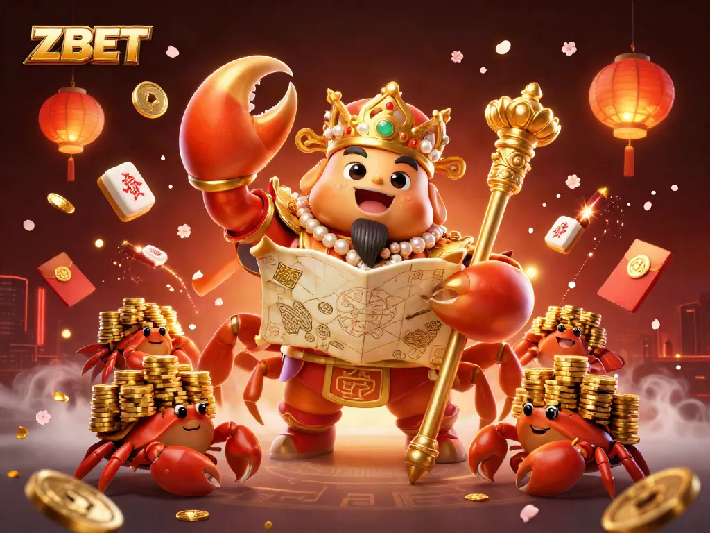 ZBET showcases a lively casino scene with a golden crab emperor holding treasures and hermit crabs, embodying excitement.