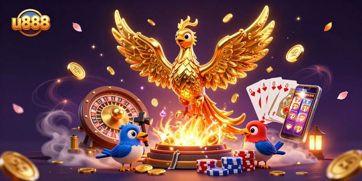 Experience winning with u888 as golden coins and jewels cascade in a vibrant casino scene.