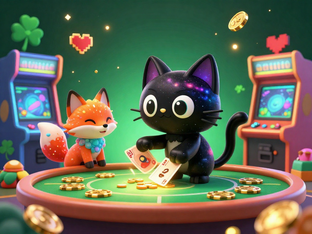 Engage in thrilling games with De bet at a cosmic casino table, where enchanting characters attract golden chips.
