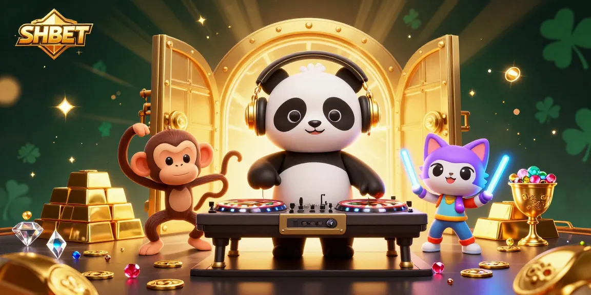 Engage with SHBET in an exciting casino atmosphere featuring a DJ panda and dance floor elements.