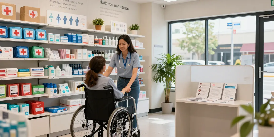 Customer receiving assistance at a medical supply store, showcasing mobility aids and health products.