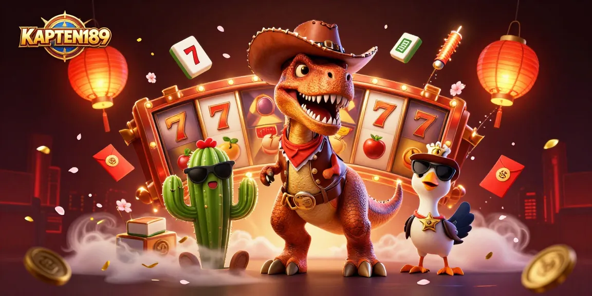 KAPTEN189 mempersembahkan ilustrasi slot online dengan T-Rex bertema cowboy dan karakter kartun ceria.