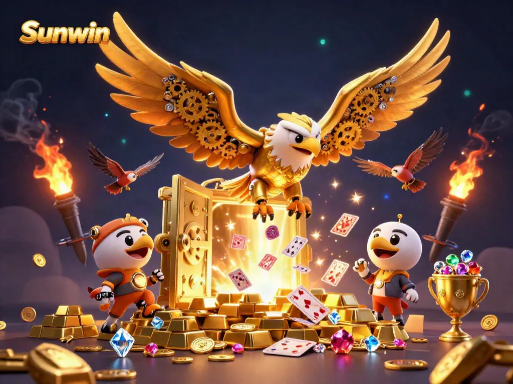 Sunwin invites players into an engaging 3D casino adventure with holographic cards, treasures, and dynamic golden elements.