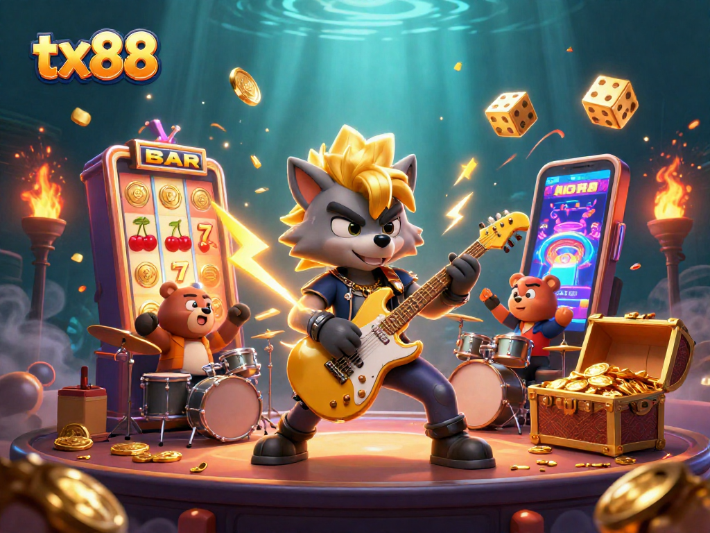 Experience the thrilling atmosphere of tx88 with a vibrant 3D casino scene bursting with action and color.