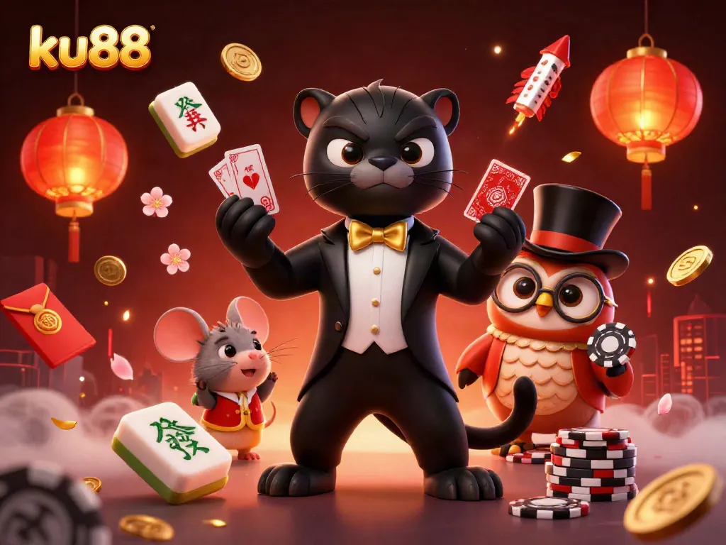 Engage with ku88's colorful casino scene featuring card games and lucky symbols.
