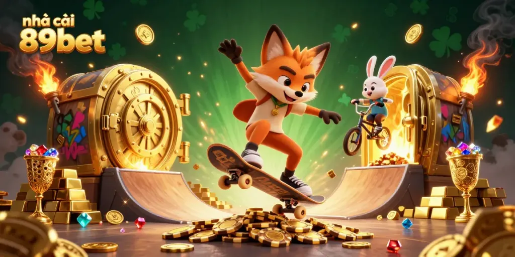 Experience the thrill of nhà cái 89bet with vibrant casino-themed characters and rich gold elements in a dynamic scene.
