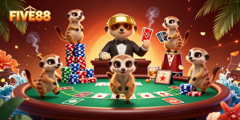 Engage in thrilling poker action at FIVE88 with meerkats running the casino's vibrant atmosphere.