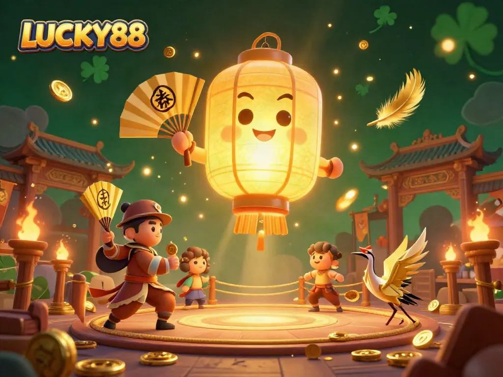 Engage with LUCKY88 slot mechanics through 3D cartoon illustration depicting vibrant casino elements and lucky symbols.
