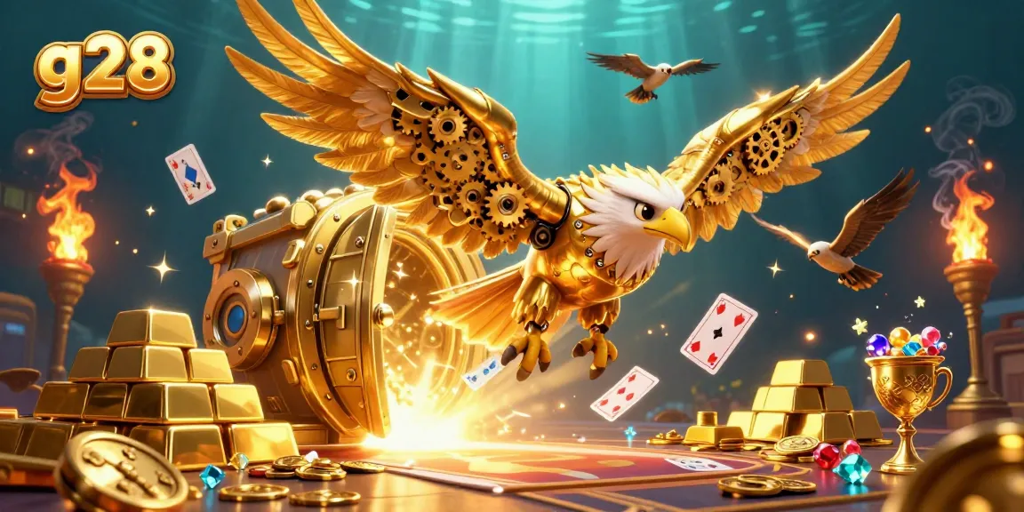 Experience g28's thrill with a dynamic 3D casino adventure featuring a golden eagle amidst cards and treasure.
