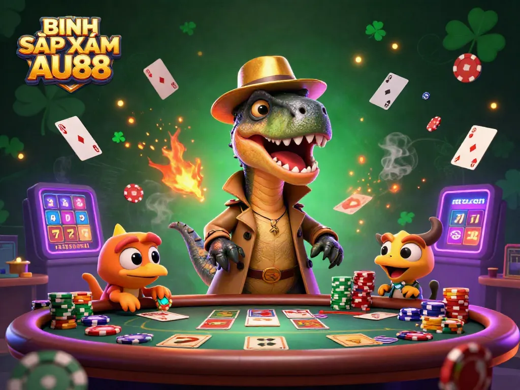 Experience the thrill of BINH SẬP XÁM AU88 with animated characters at a vibrant gaming table.