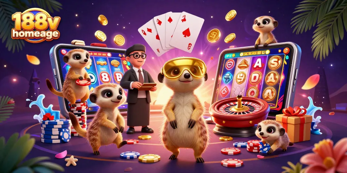 Experience the excitement of the 188v homepage as meerkats orchestrate a lively casino operation amidst colorful slot games and dynamic elements.