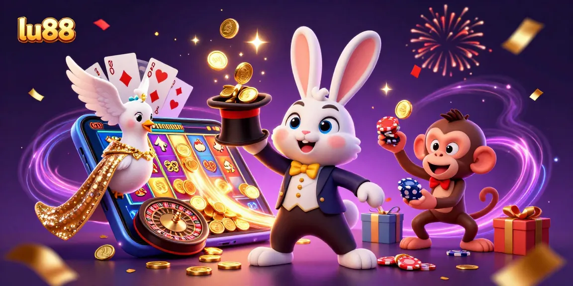 lu88 showcases thrilling casino action with a magician and vibrant game elements.