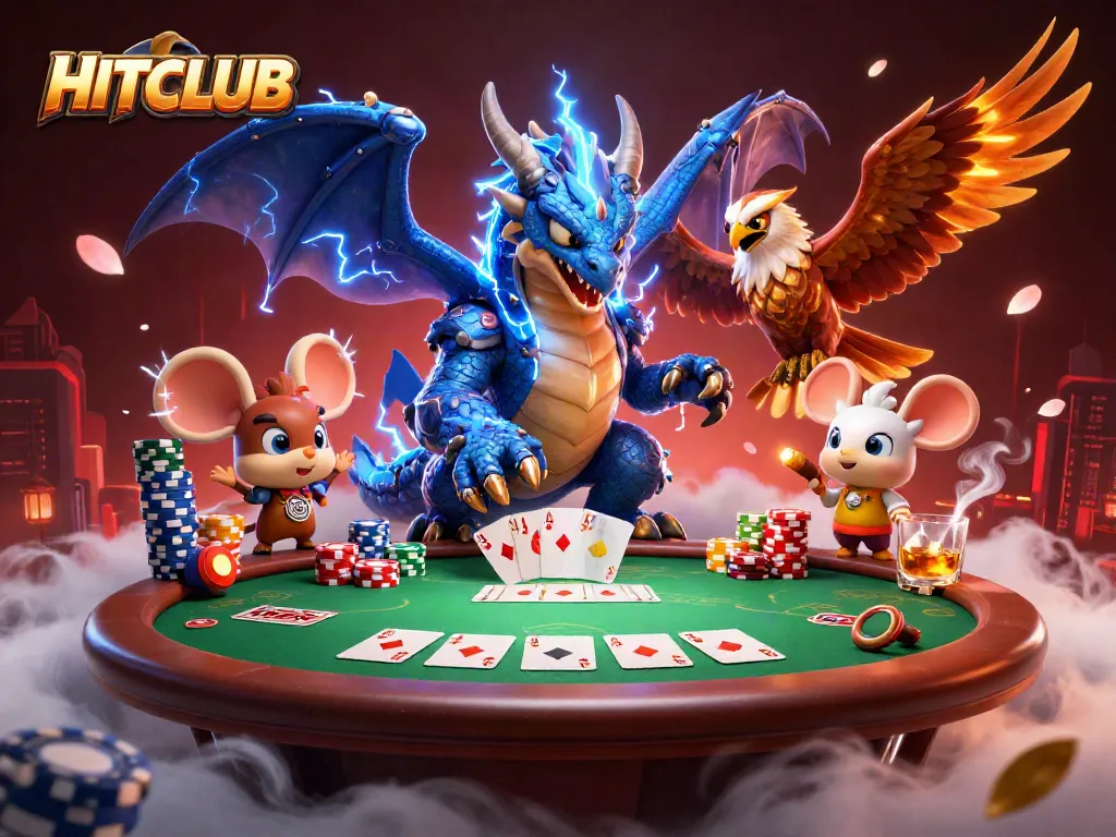 Engage with HITCLUB's thrilling poker scene featuring a thunder dragon and vibrant game elements.
