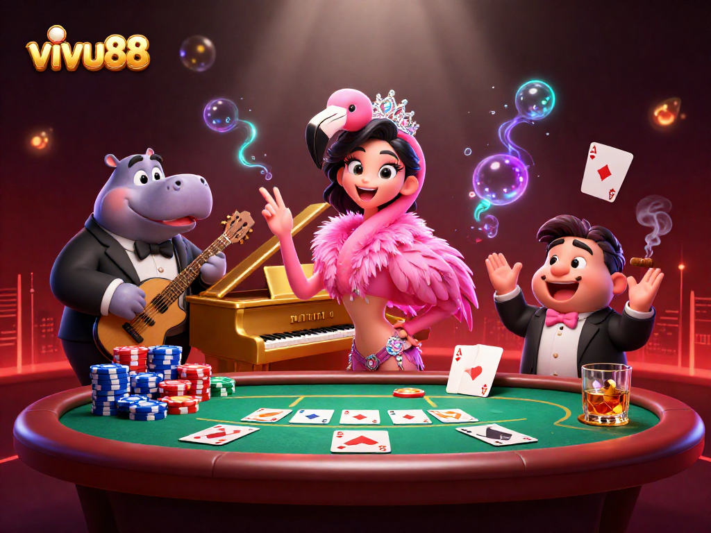 Experience the vibrant energy of vivu88 with a lively casino scene featuring unique characters and exciting game elements.