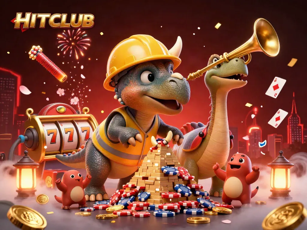 Experience casino excitement with HITCLUB's animated triceratops building a poker chip pyramid.