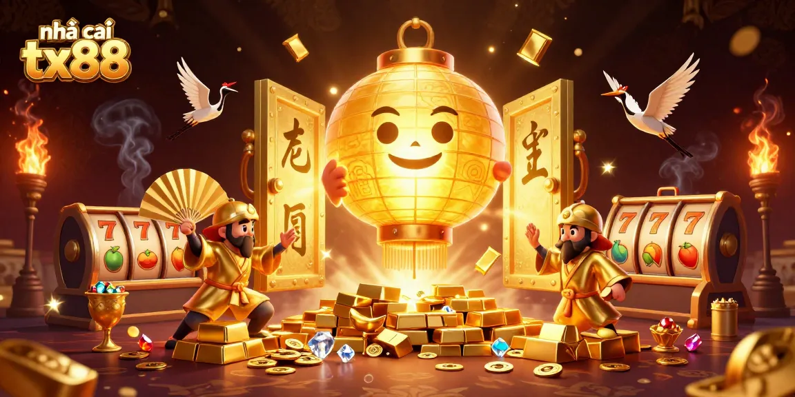 Engage with nhà cái tx88 featuring a vibrant 3D casino scene with lucky symbols, lantern spirit, and golden treasures.