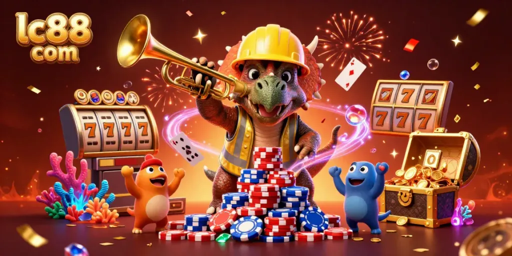 Engage with the exciting world of lc88 com in this vibrant casino illustration featuring slot reels and cheerful characters.