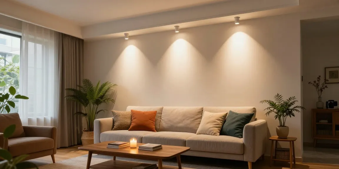 Iluminat modern cu spoturi led în living, creând o atmosferă călduroasă.