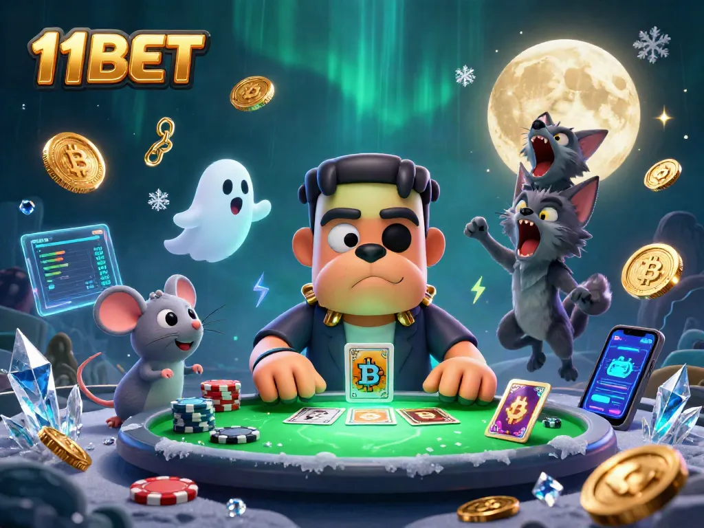 11BET engages with a vibrant 3D monster casino scene filled with crypto riches and colorful gaming elements.