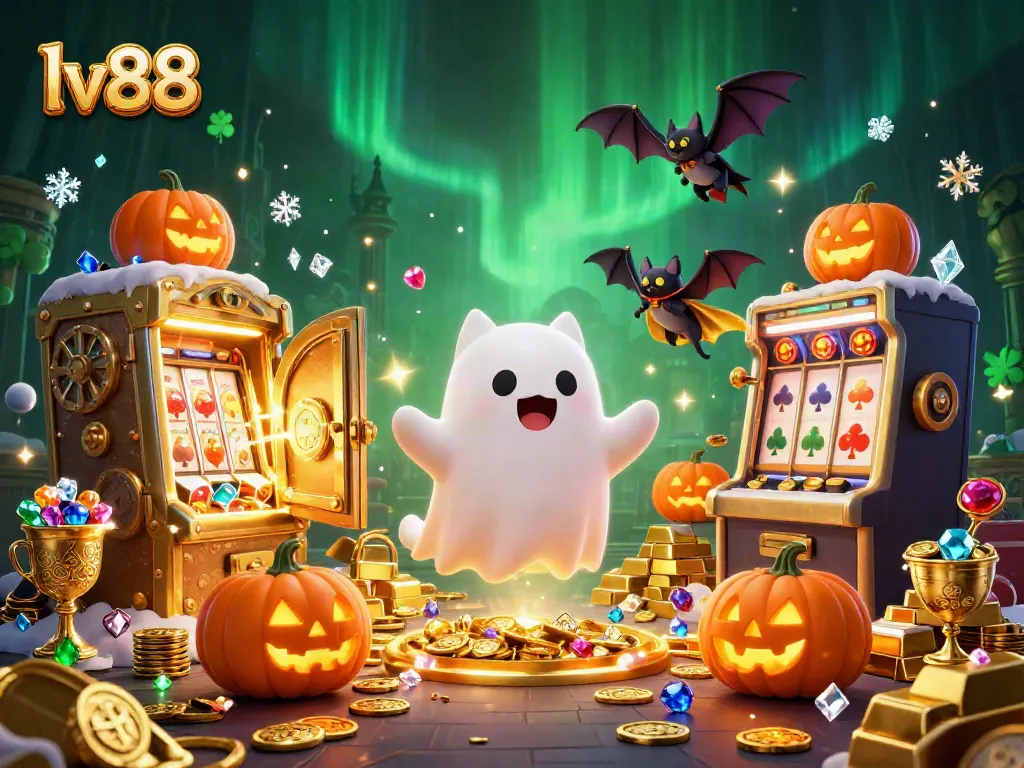 Engage in thrilling gameplay at lv88 with a ghost cat and vampire bat in a vibrant casino scene.