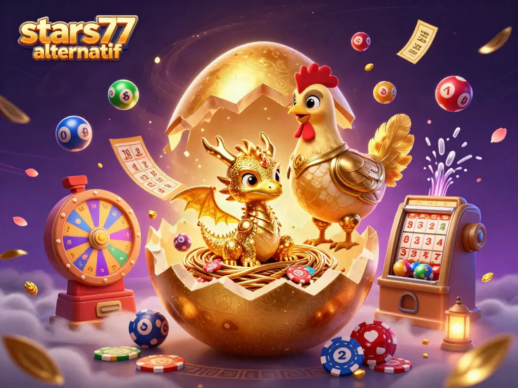 Melihat stars77 alternatif dengan karakter naga emas dan chip poker, dikelilingi oleh bola lotere warna-warni.