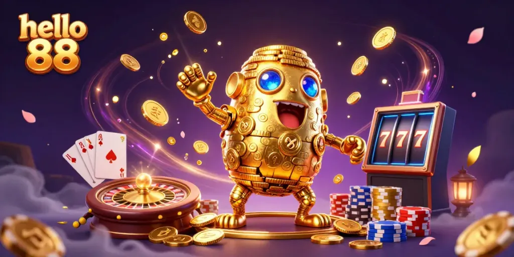 Engage with exciting gaming at hello 88, featuring a golden golem, slot machines, and cascading coins.