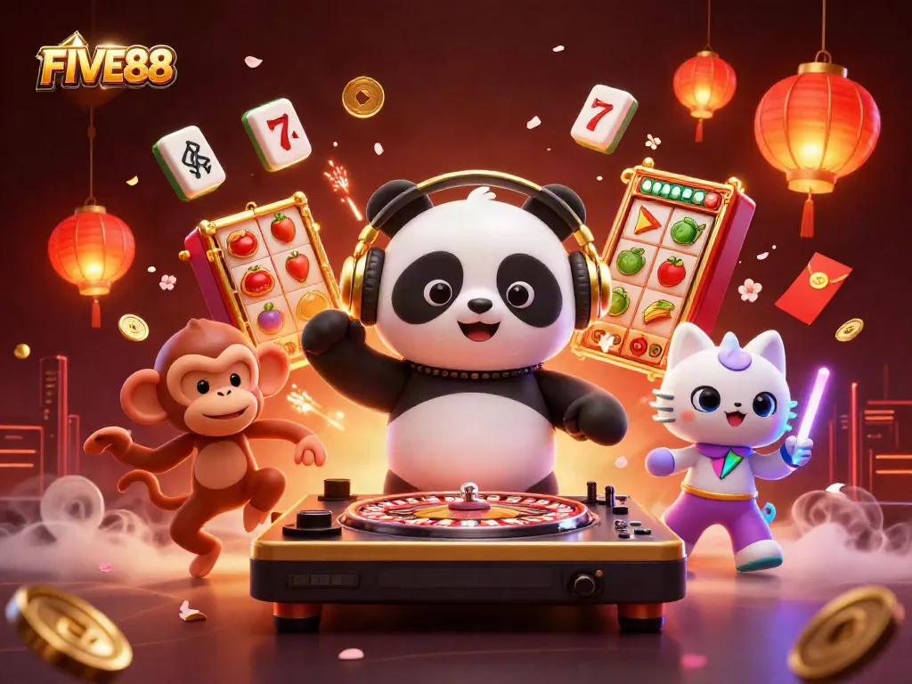 Experience the excitement of FIVE88 casino with vibrant characters and dynamic gaming elements.