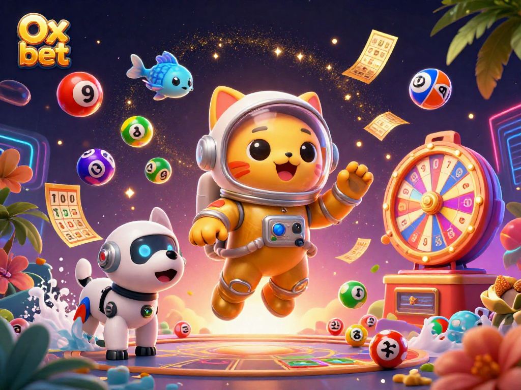 Play with Ox bet's vibrant casino-themed scene featuring an astronaut cat and dynamic lottery elements.