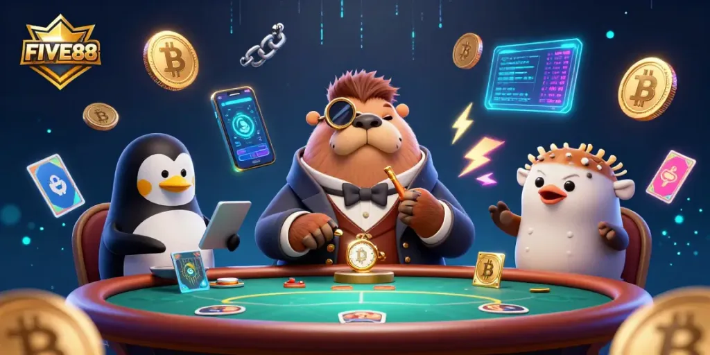 Engage in thrilling poker games at FIVE88 with a jolly walrus and crafty dealer<br>