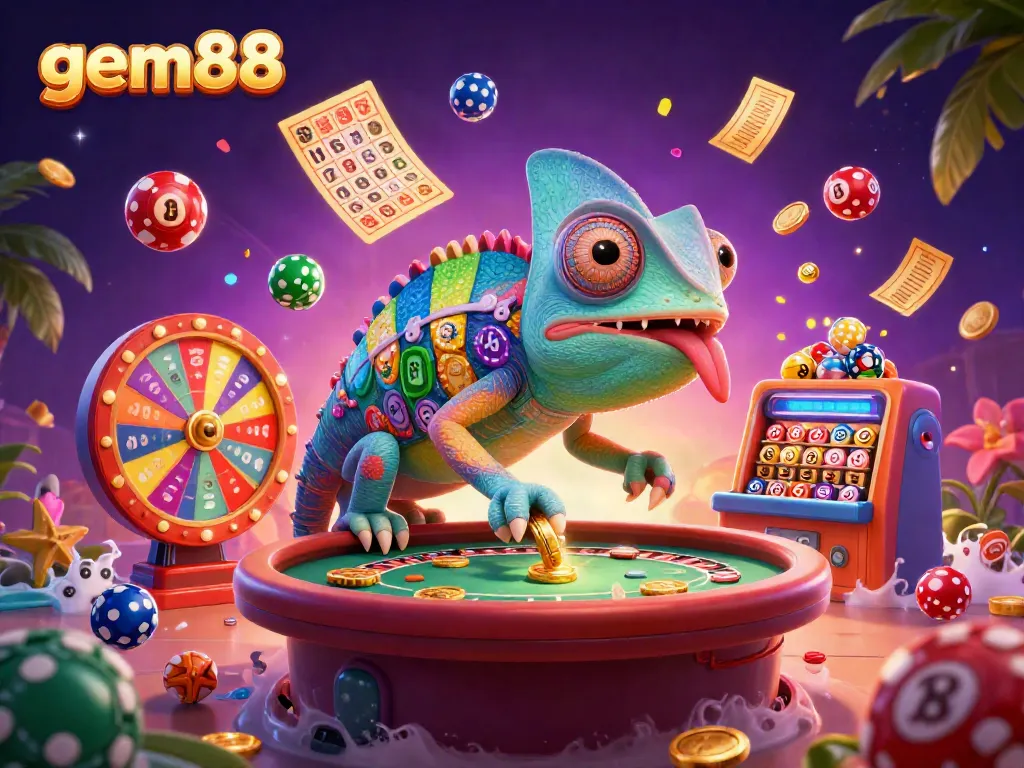 Engaging scene showcasing the vibrant gem88 casino world filled with colorful elements and an animated chameleon character.