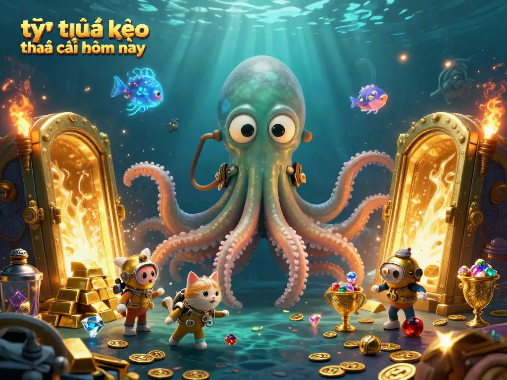 Engage with tỷ lệ kèo nhà cái hôm nay through an exciting underwater adventure featuring a kraken and diving cat.
