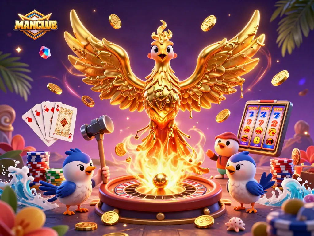 MANCLUB illustrates a golden phoenix amidst a rich, dynamic casino backdrop with coins and cards.
