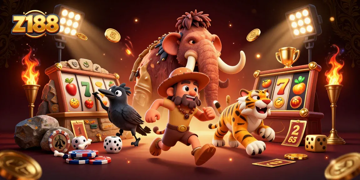 Engage with z188's vibrant slot games amidst a prehistoric casino's rich visuals and characters.