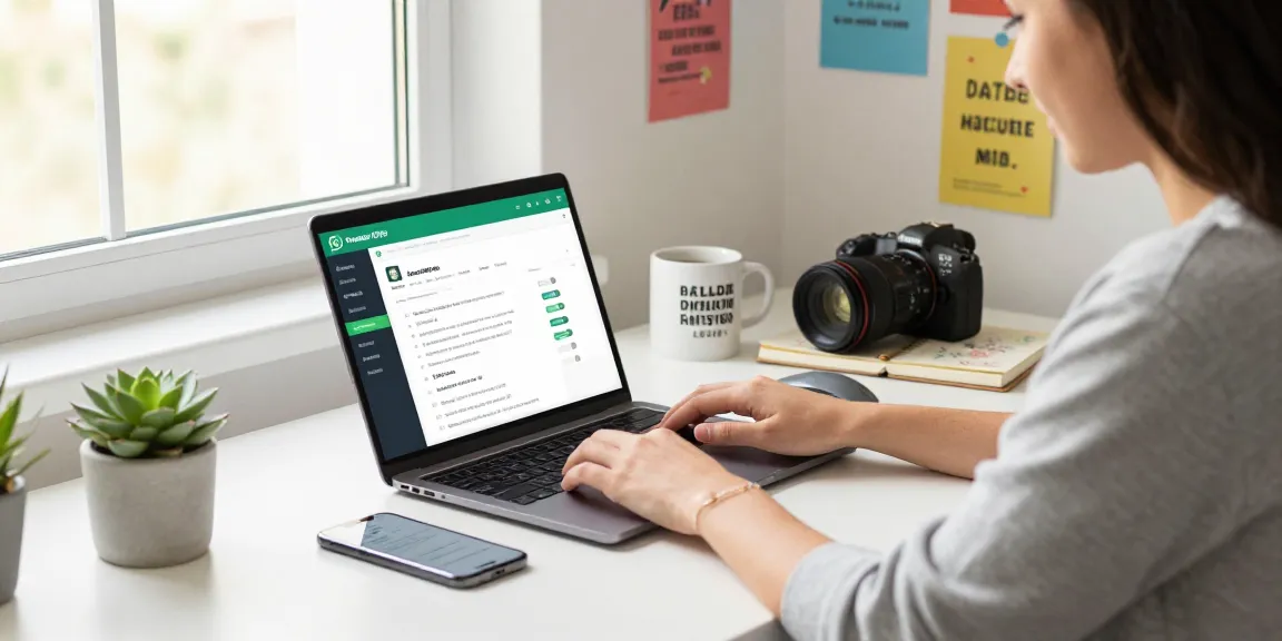 Professional using WhatsApp網頁版 on laptop in a cozy home office setting.