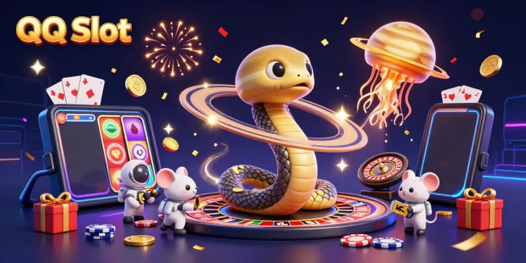 Engage with QQ Slot through an exciting 3D casino art scene featuring vibrant symbols and playful elements.