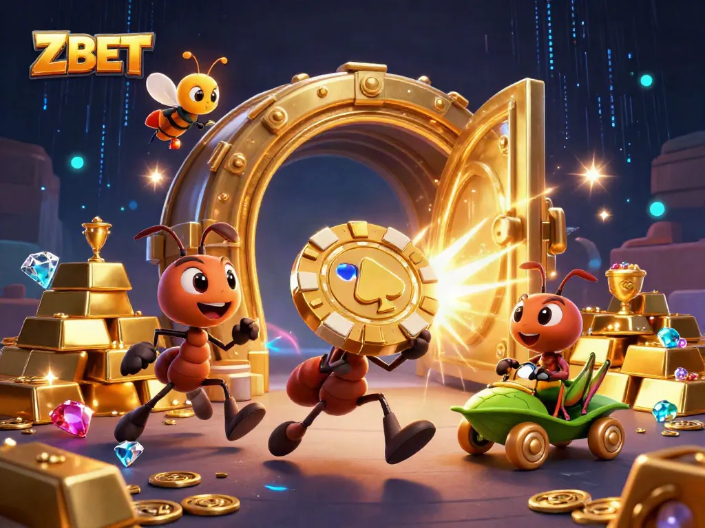 ZBET-themed 3D illustration of ants executing a heist with gold poker chips, depicting casino excitement