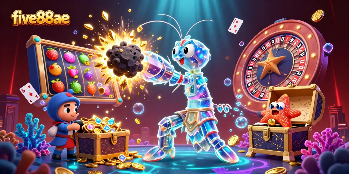 Experience excitement with five88ae as a galactic samurai mantis shrimp punches through an asteroid, surrounded by vibrant casino elements.