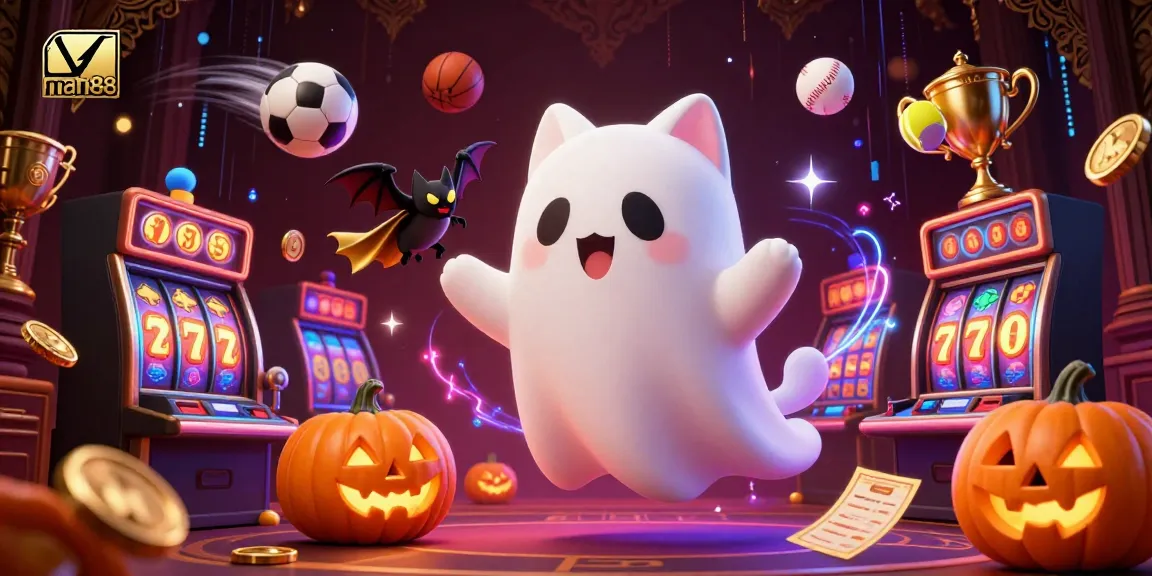 Experience the excitement of winning at man88 with a lively ghost cat, a golden cape bat, and jackpot thrills.