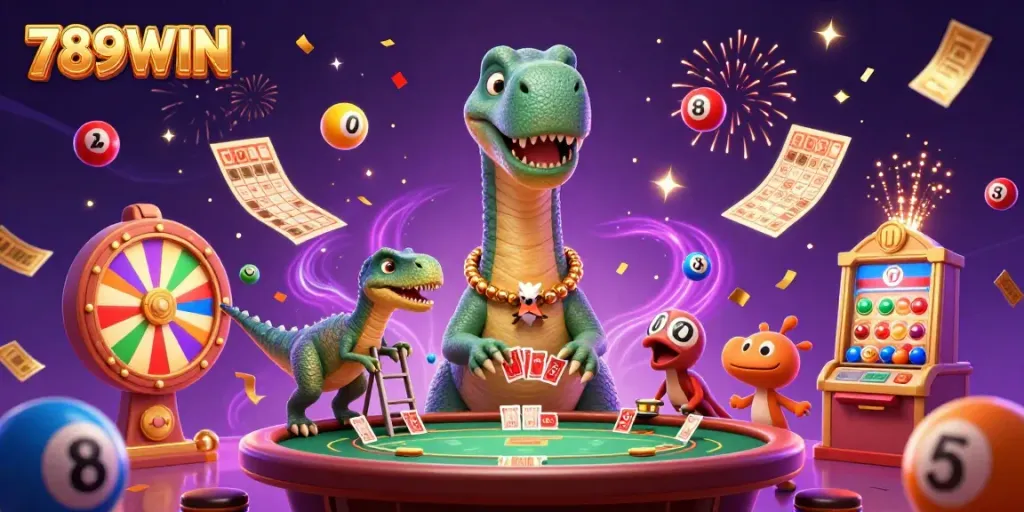 Experience thrilling excitement at 789WIN with colorful lottery elements and animated characters in a vibrant casino scene.