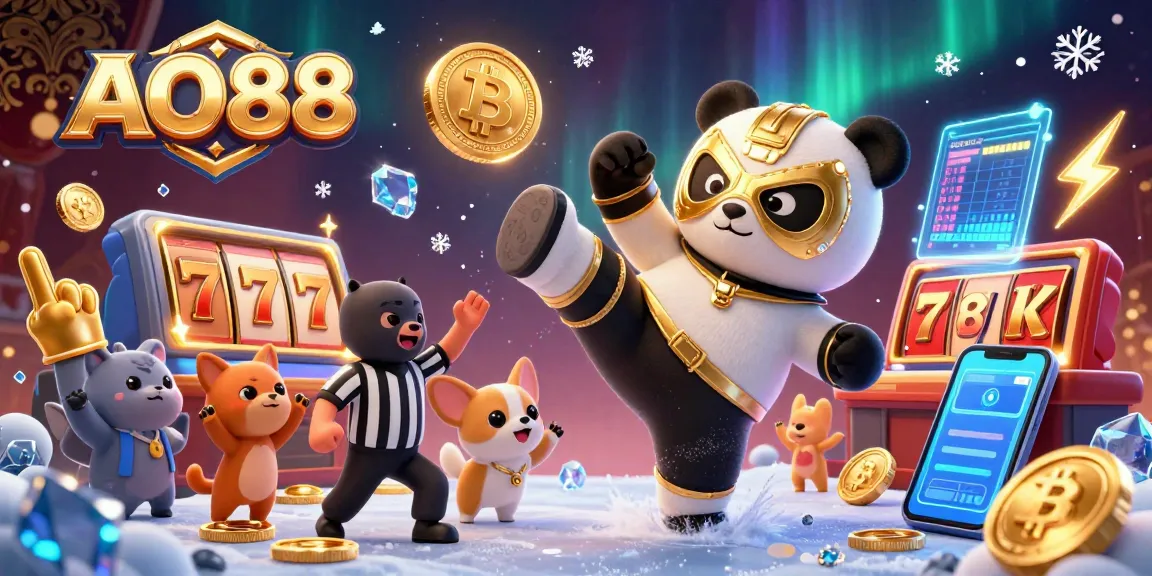A vibrant scene with AO88 featuring a panda wrestler in a flying kick and a referee, surrounded by slot elements and crypto coins.