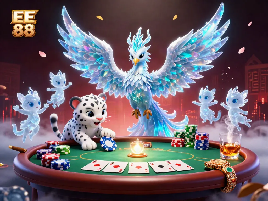 Experience the vibrant world of EE 88 with a dynamic 3D illustration showcasing an ice phoenix and poker elements.