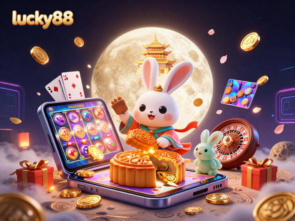 Engage with lucky88's thrilling games surrounded by joyful gambling elements in a vibrant 3D illustration.