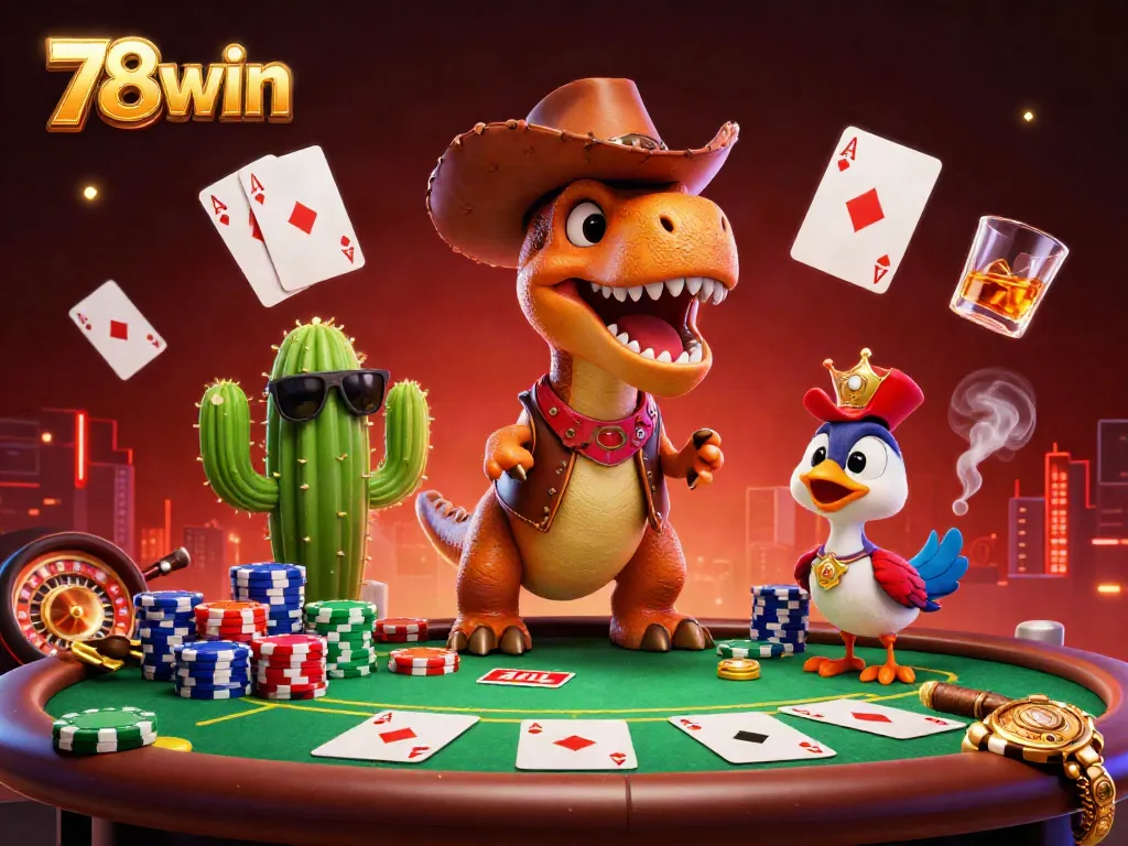 Engage in thrilling poker action at 78win with vibrant characters and live casino elements.