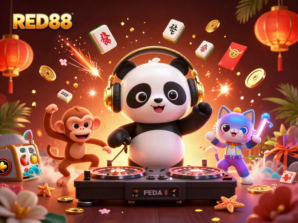 Spin and win at RED88 with a lively DJ panda and playful casino elements in a vibrant scene.