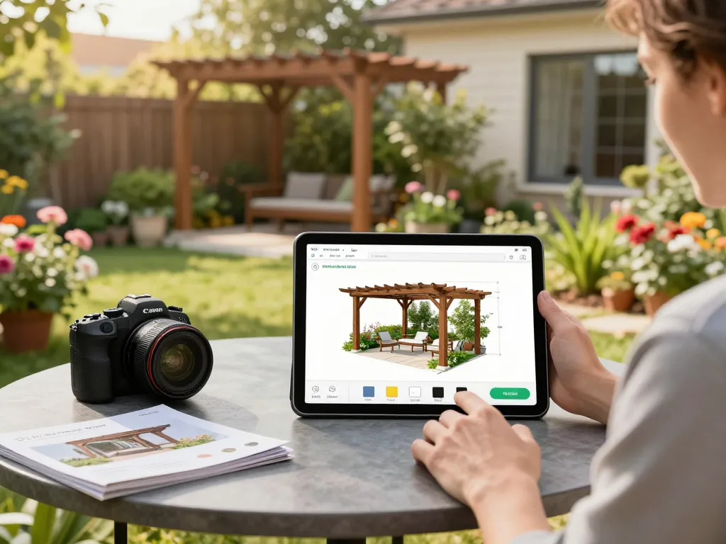 Homeowner using Pergola Configurator Software on tablet to visualize custom design in their garden.